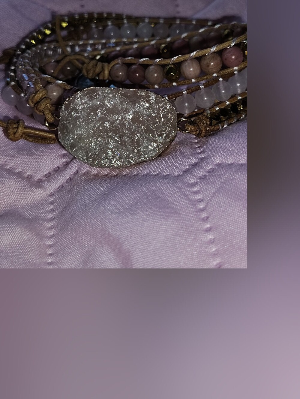 Handmade Rose Quartz and Druzy Wrap Bracelet - Pink